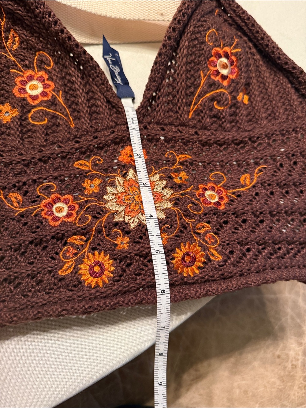 ROMWE Brown Crochet Halter Crop Top with Floral Embroidery - Picture 5 of 5